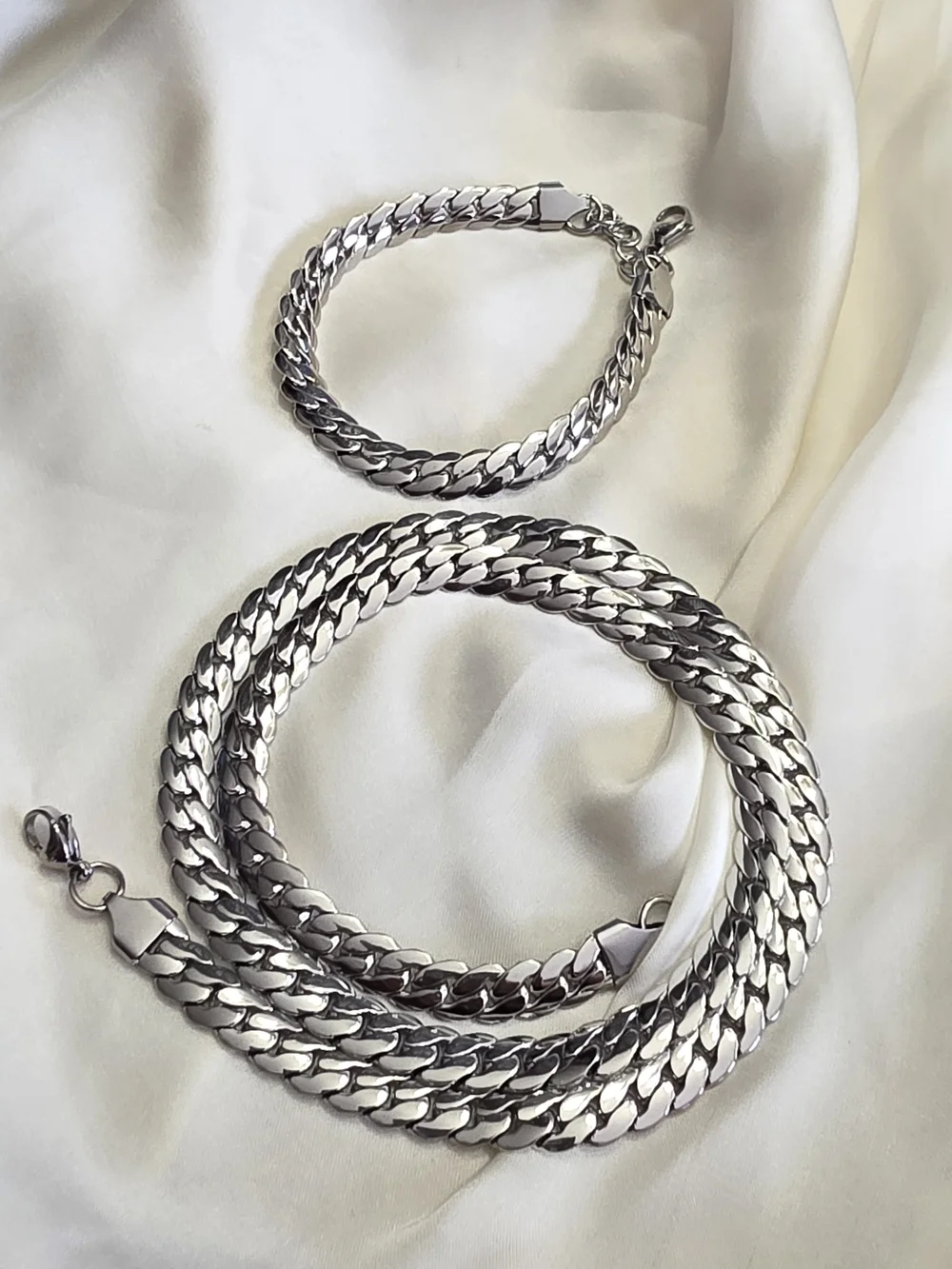 Stainless Steel Flat Curb Link Bracelet And Neck Chain